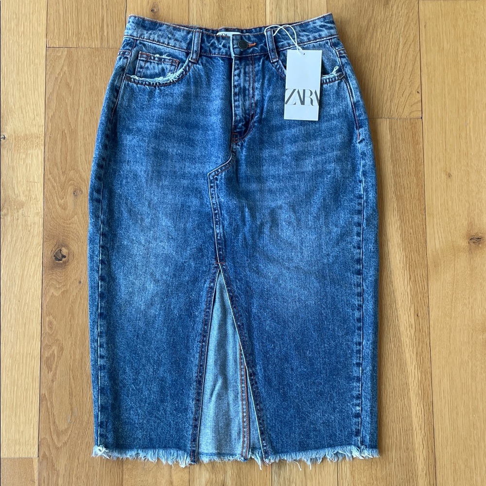 ZARA Blue Denim Midi Skirt with Center Slit, XS